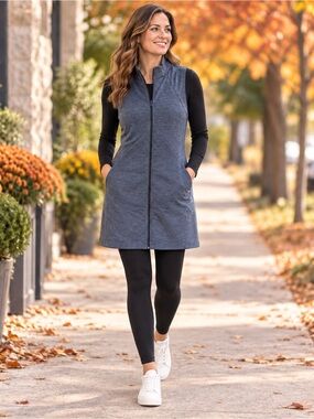 Title Nine Passport Dress XL Blue Gray Tech Ponte Full Zip Sleeveless NWT
